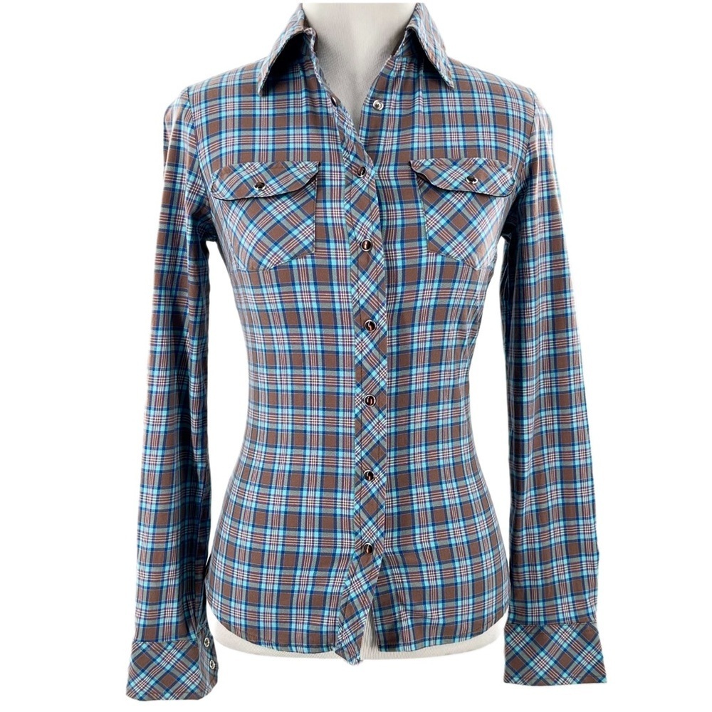 Brand paul & Joe sister for target top XS blue brown plaid pearl snap buttons